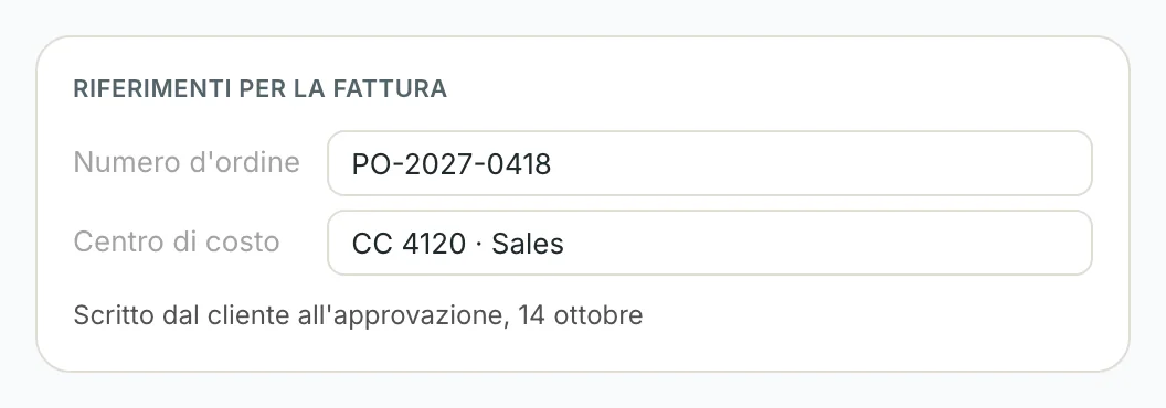 Il tab Cliente con numero d'ordine e centro di costo