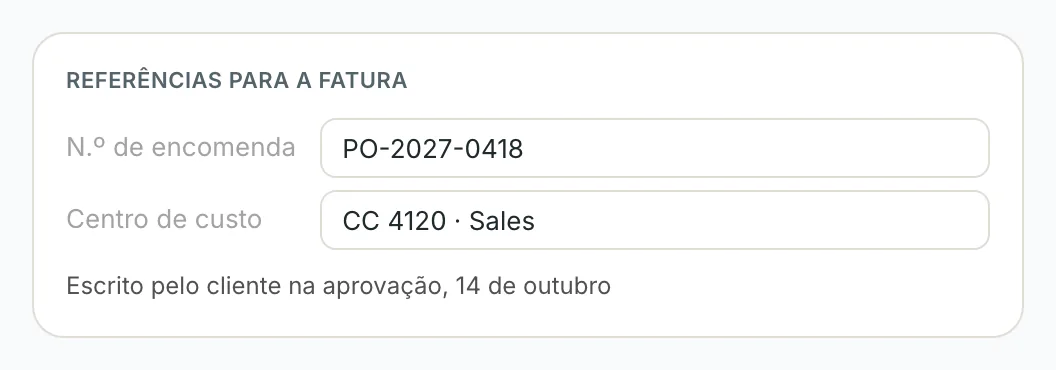 O separador Cliente com número da encomenda e centro de custo