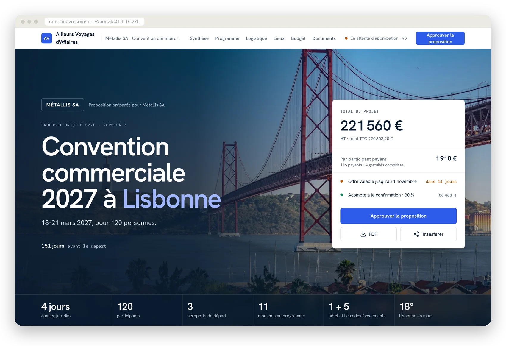 Le portail Corporate : la proposition d'une convention avec total, prix par participant, échéances et le bouton Approuver