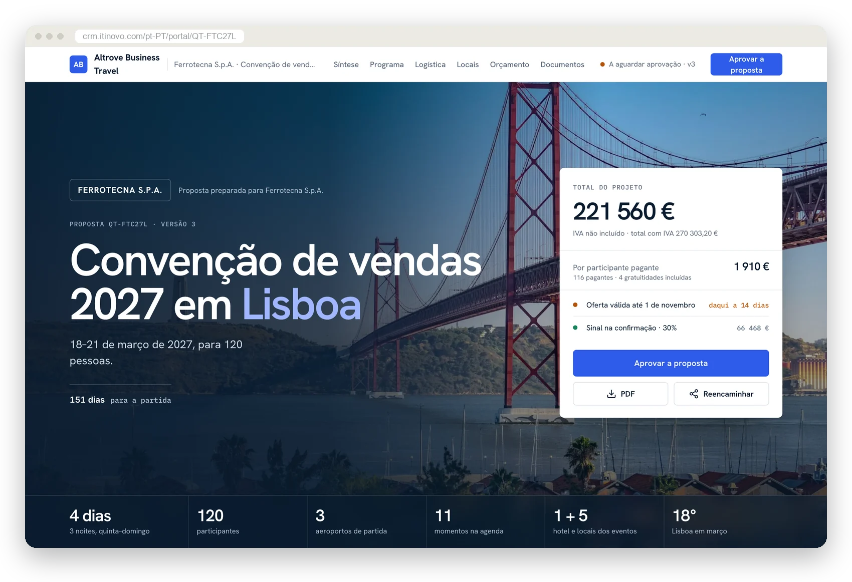 O portal Corporate: a proposta de uma convenção com total, preço por participante, prazos e o botão Aprovar