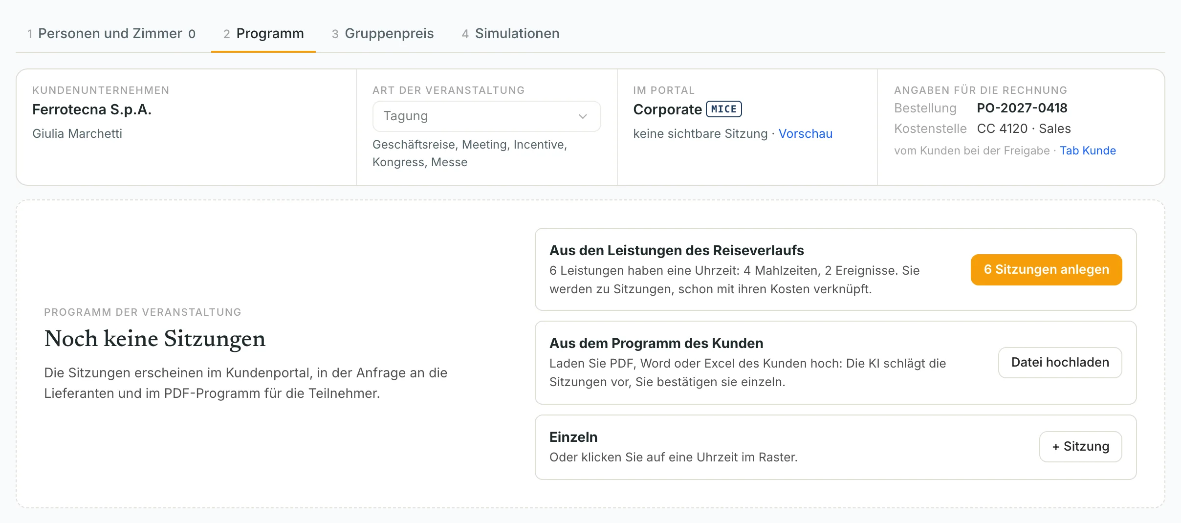 Drei Wege zum Programm: aus den Leistungen der Reiseroute, aus der Datei des Kunden mit KI, oder einzeln