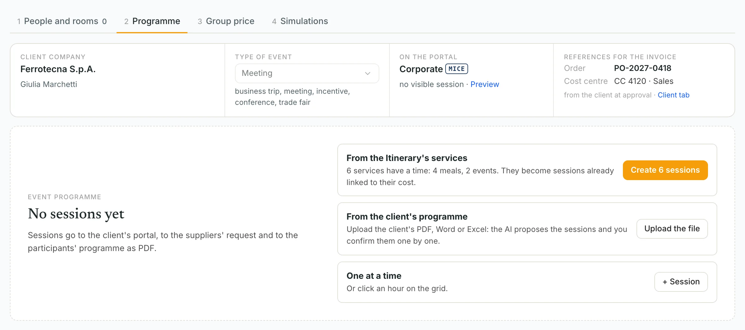 Three ways to build the programme: from the itinerary's services, from the client's file with AI, one at a time