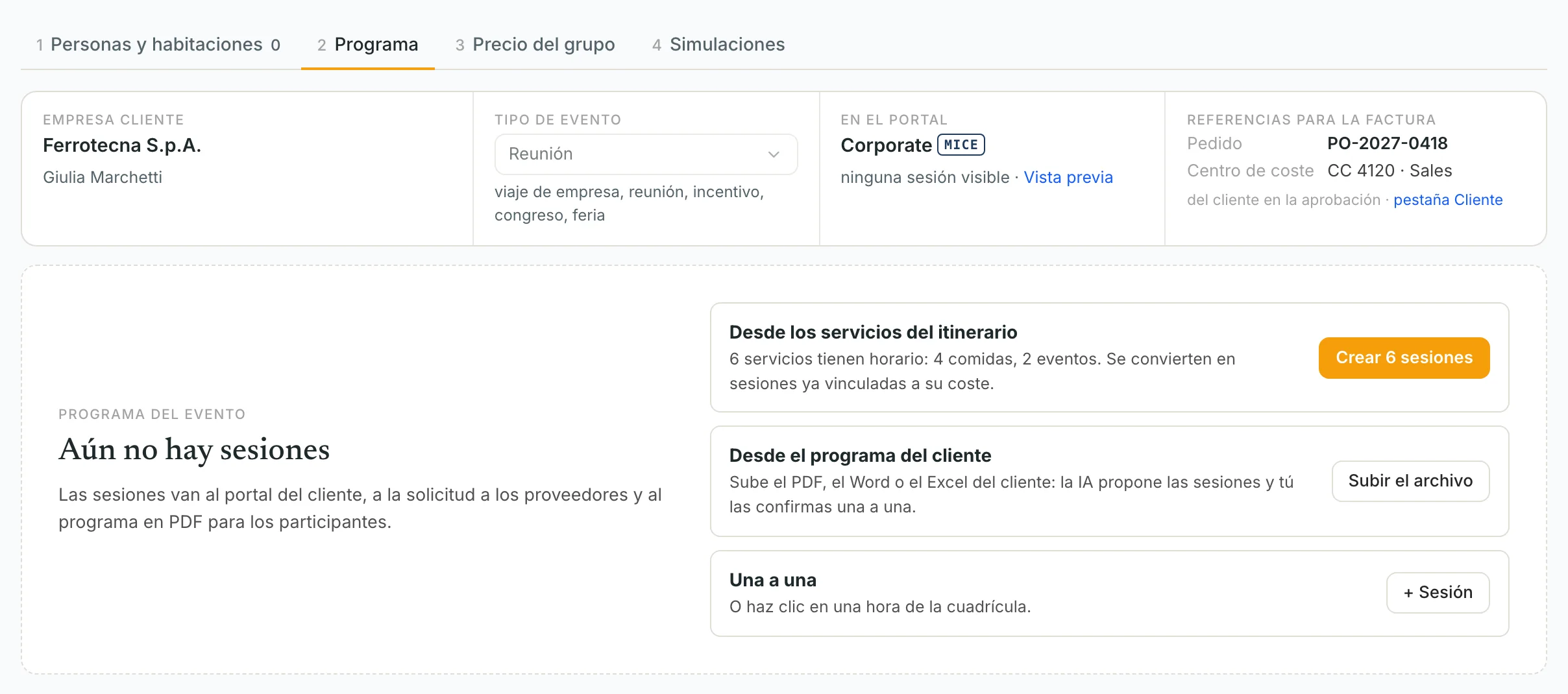 Tres formas de crear el programa: desde los servicios del itinerario, desde el archivo del cliente con IA, o una a una