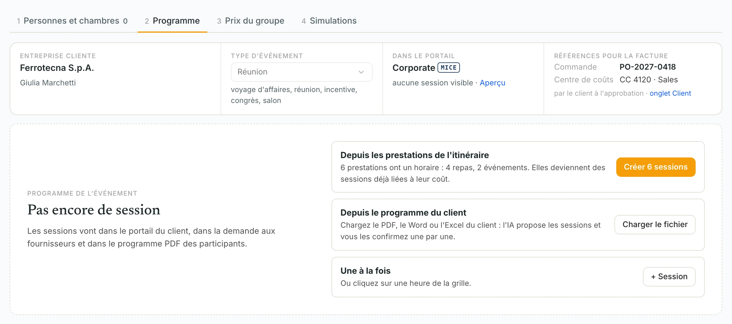 Trois façons de créer le programme : à partir des prestations de l'itinéraire, du fichier du client avec l'IA, ou une session à la fois