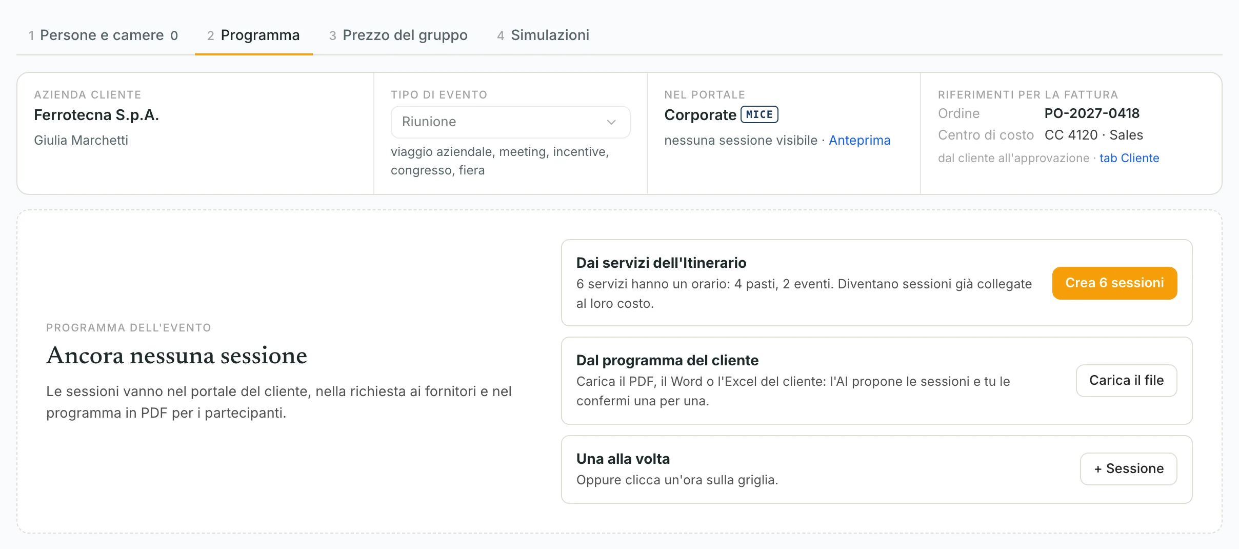 Tre modi per creare il programma: dai servizi dell'itinerario, dal file del cliente con l'AI, una alla volta