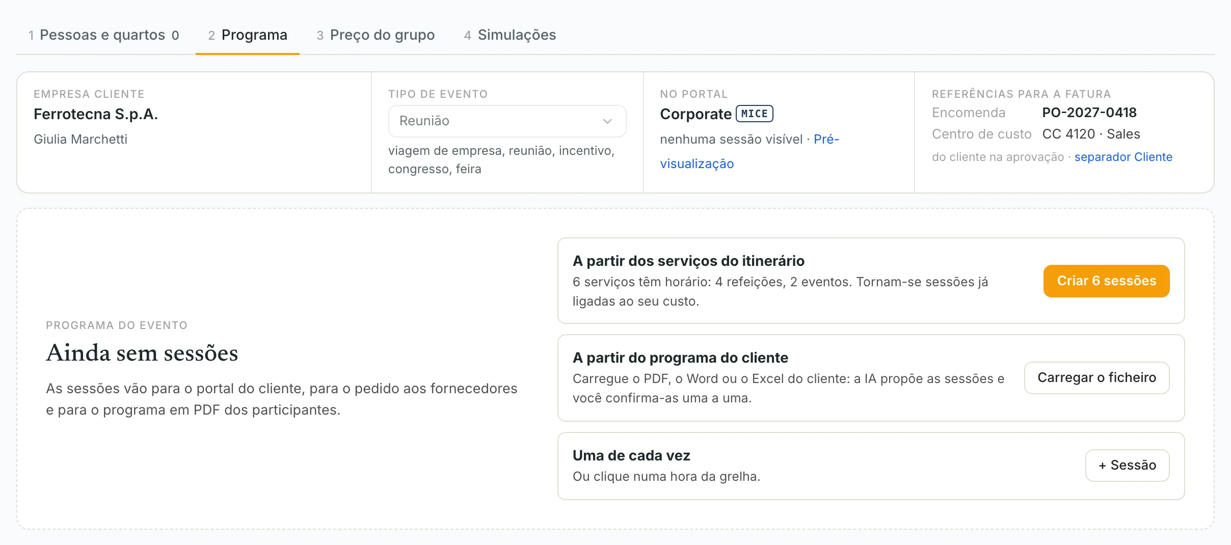 Três formas de criar o programa: a partir dos serviços do itinerário, do ficheiro do cliente com IA, ou uma de cada vez