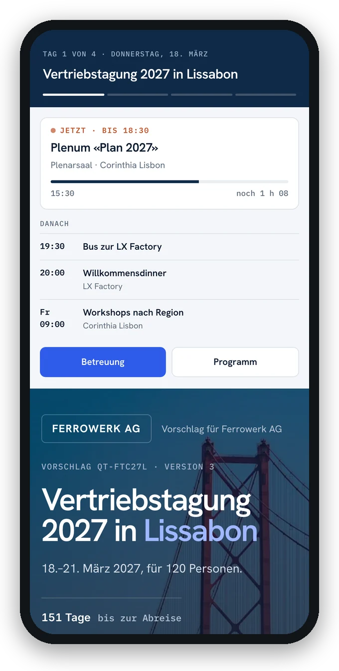 Während der Veranstaltung zeigt das Handy die laufende Session und die nächsten