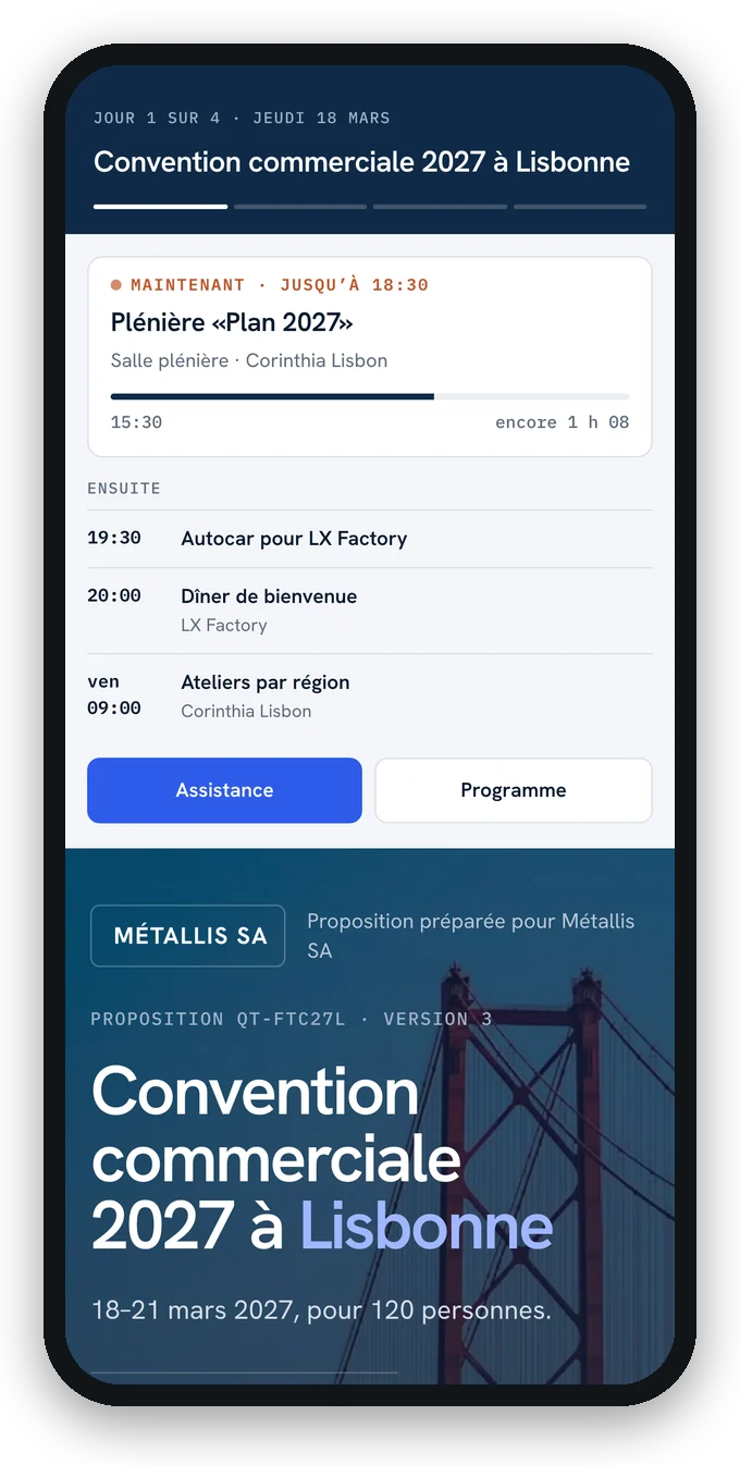 Pendant l'événement, le téléphone affiche la session en cours et les suivantes