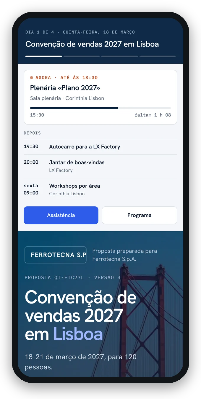 Durante o evento, o telemóvel mostra a sessão em curso e as seguintes