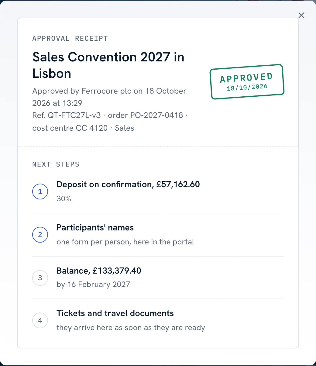The approval receipt with the next steps
