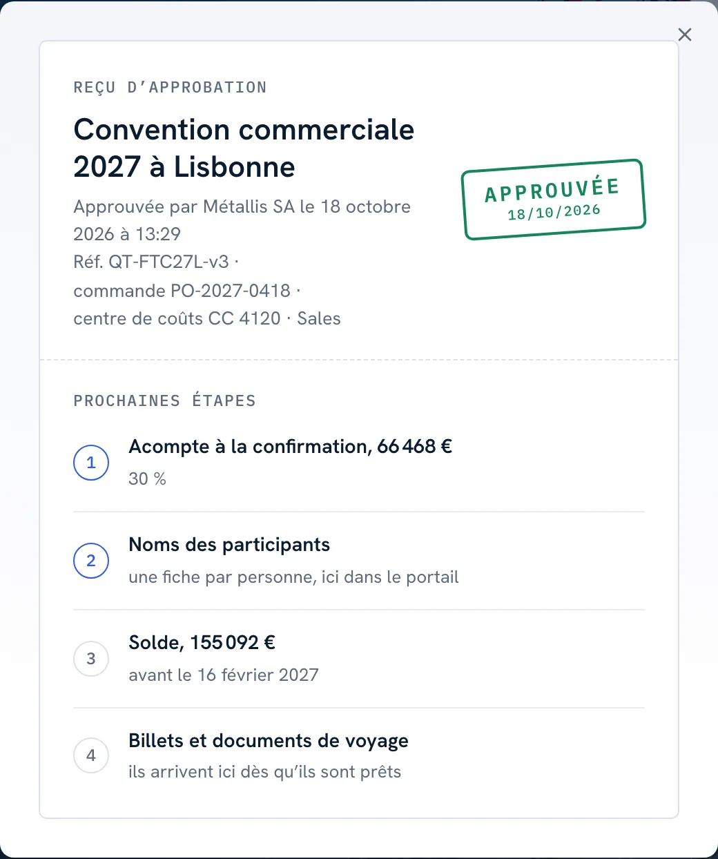 L'accusé de validation avec les prochaines étapes