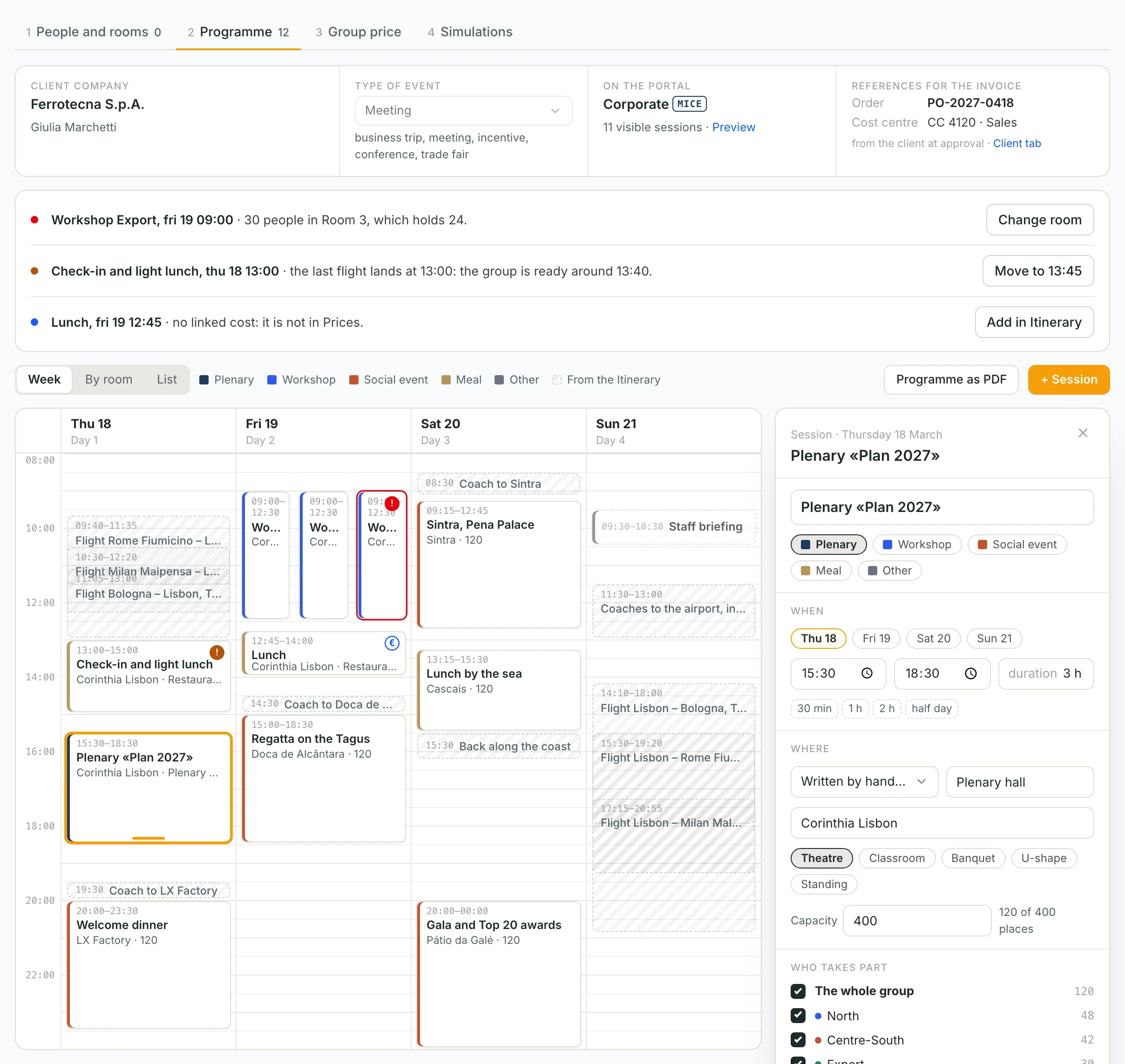 The Programme view of the Group tab: the event week, the checks and a session's card