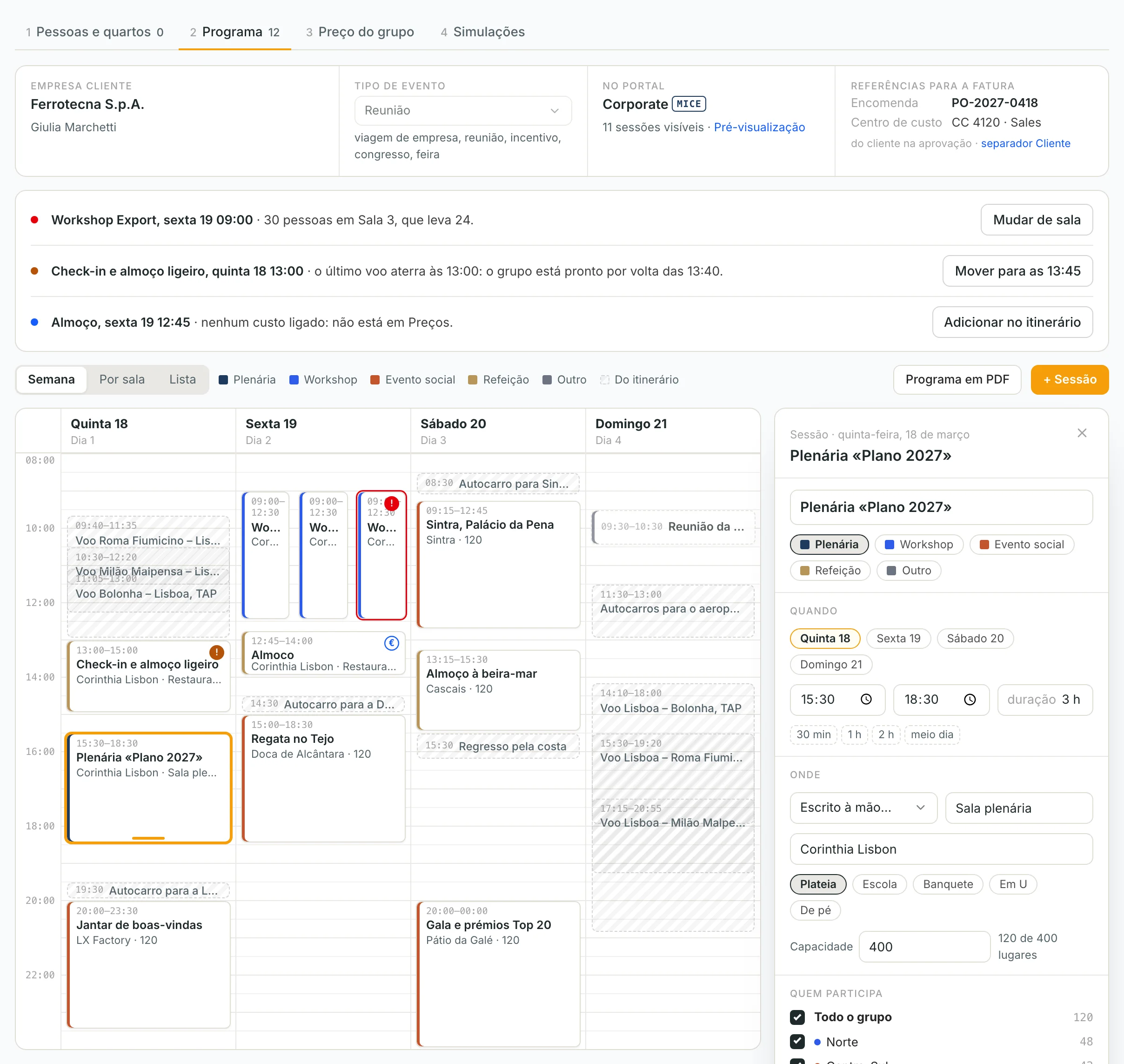 A vista Programa do separador Grupo: a semana do evento, as verificações e a ficha de uma sessão