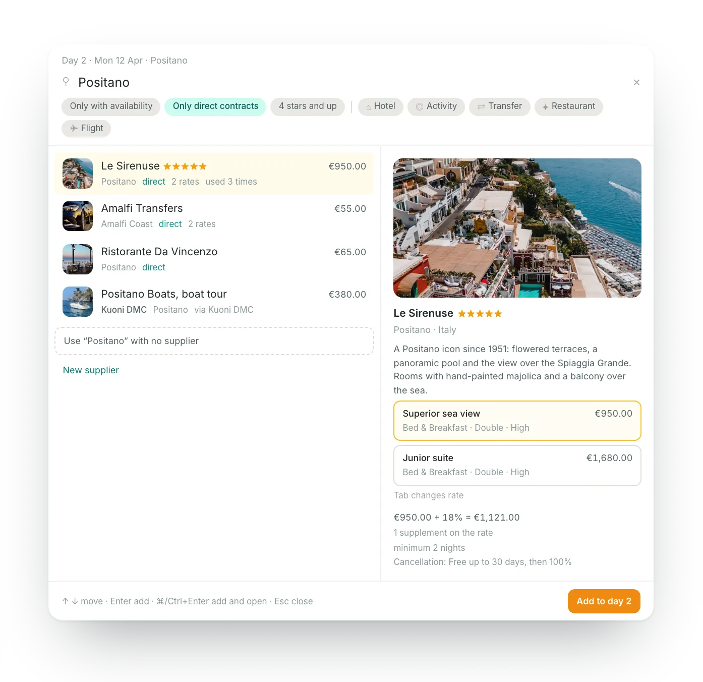 itinovo CRM's supplier picker: a search by place among direct suppliers and catalogues, with the rate valid for the dates