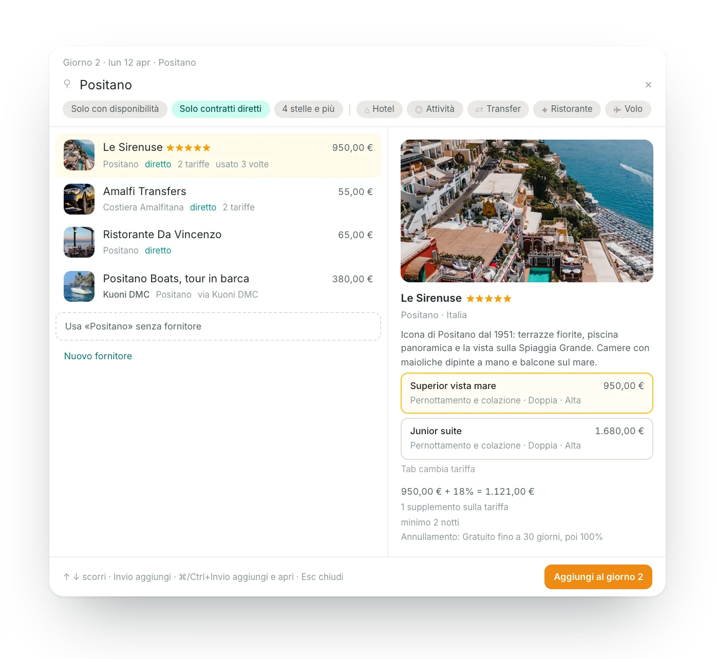 Il selettore fornitori di itinovo CRM: una ricerca per luogo tra fornitori diretti e cataloghi, con la tariffa valida per le date