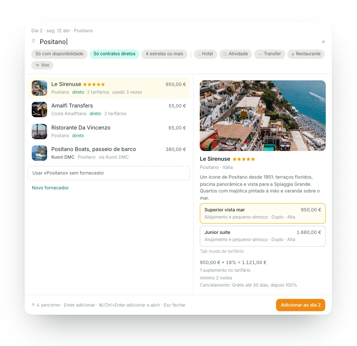 O seletor de fornecedores do itinovo CRM: uma pesquisa por local entre fornecedores diretos e catálogos, com a tarifa válida para as datas