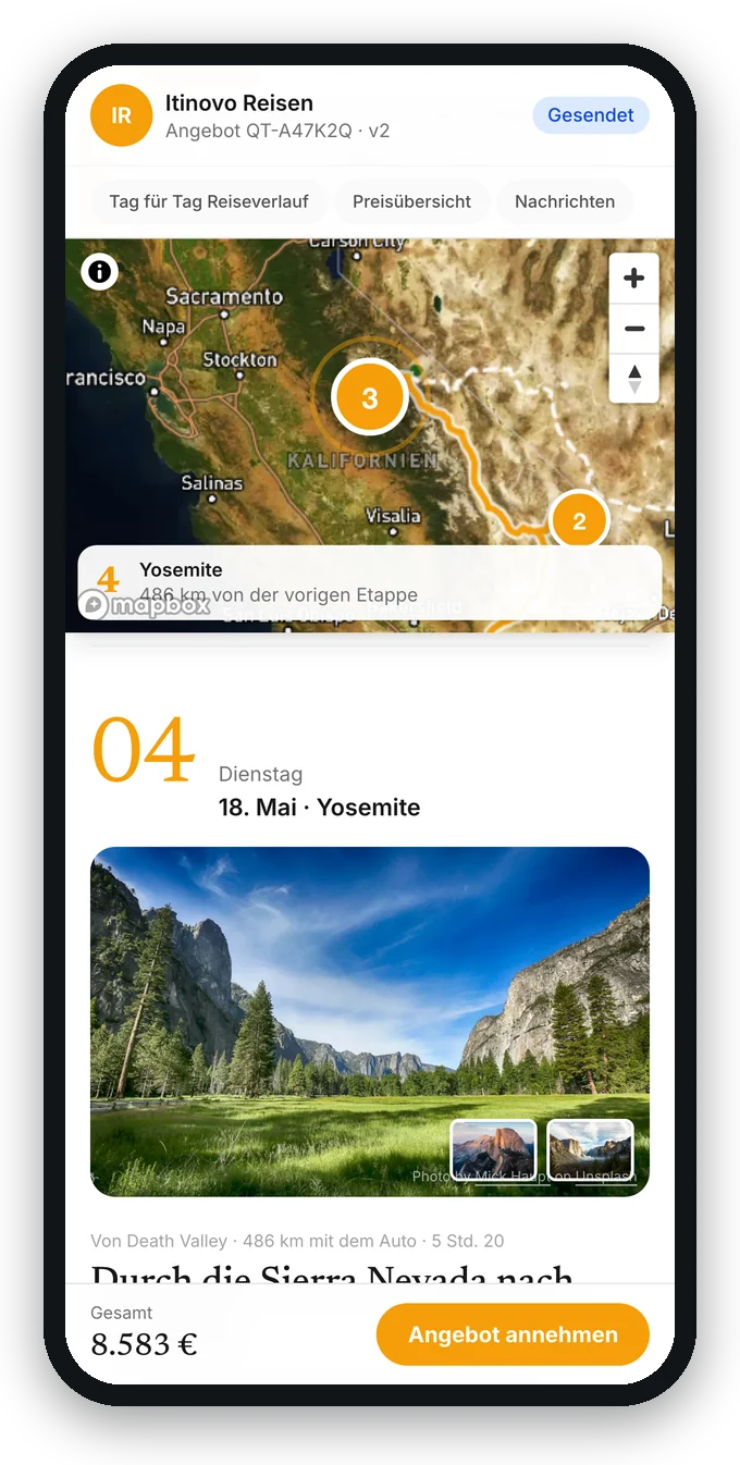 Das Kundenportal auf dem Handy: ein Reisetag mit der Karte der Etappe