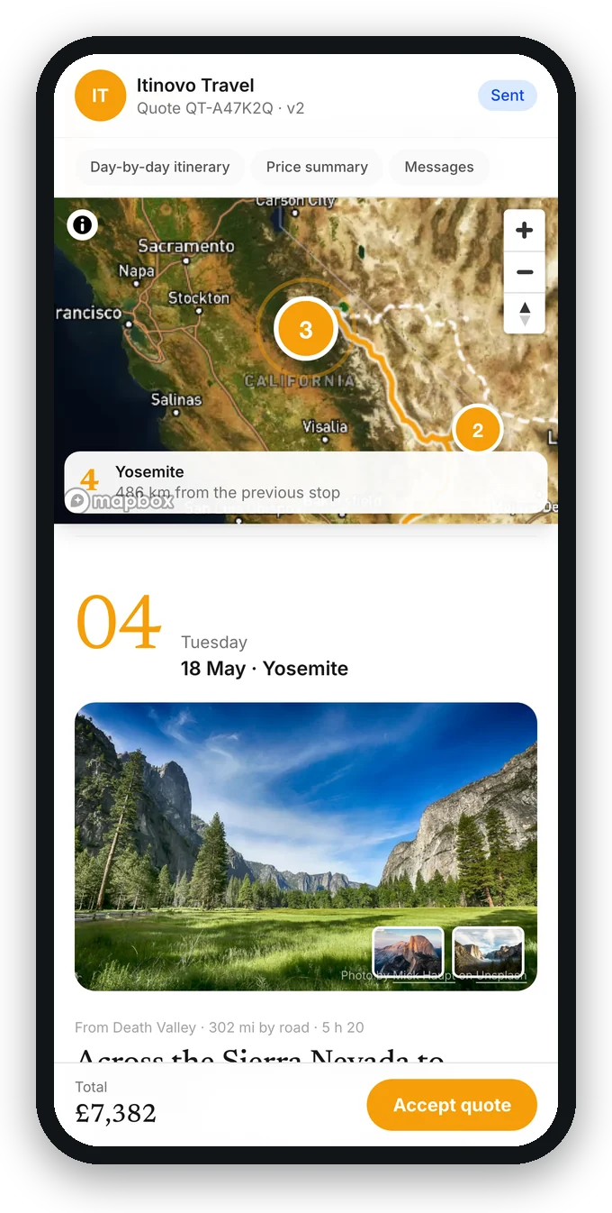 The client portal on a phone: a day of the trip with the map of the leg