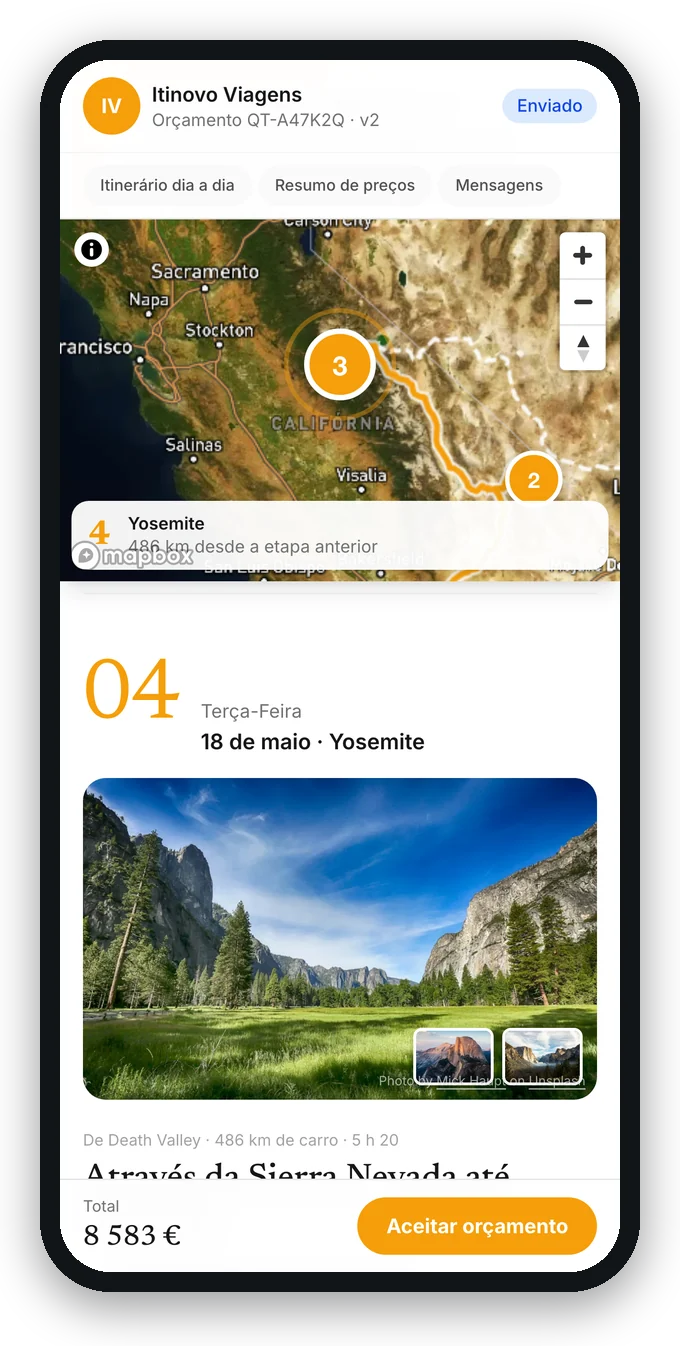 O portal do cliente no telemóvel: um dia da viagem com o mapa da etapa