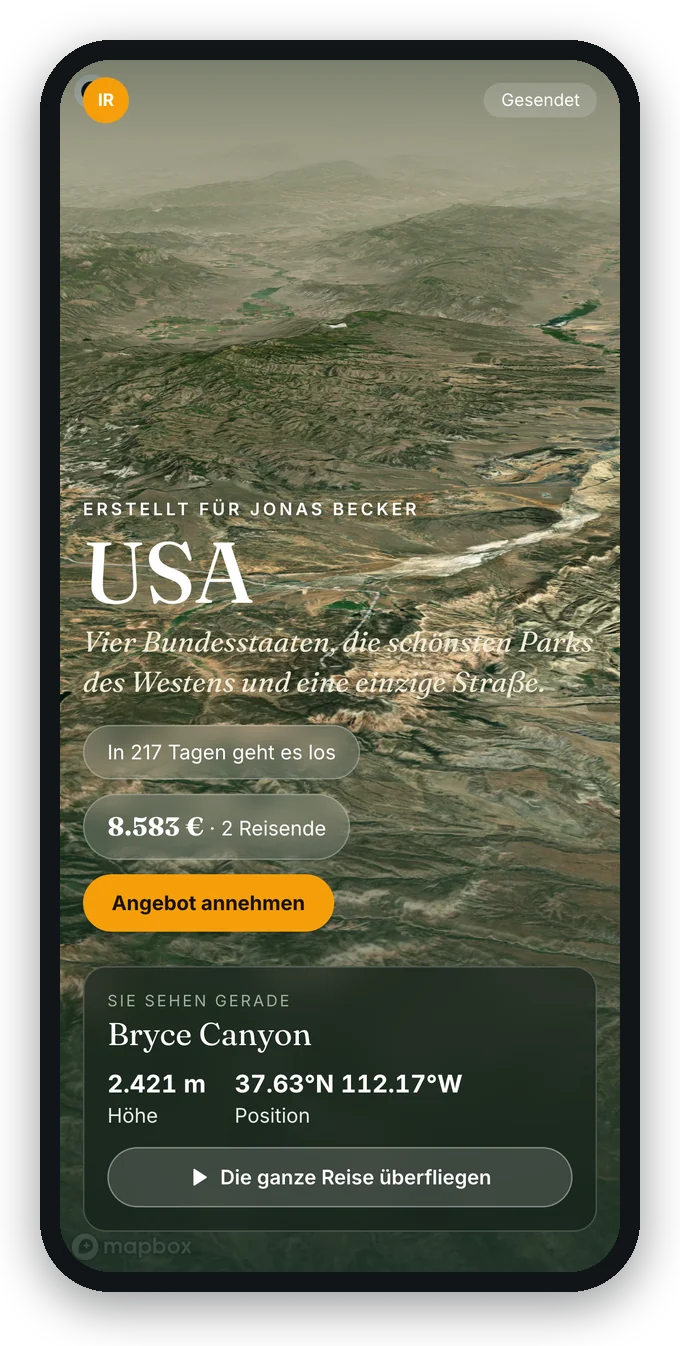 Das Kundenportal von itinovo CRM auf dem Handy im Layout Natur: die Reise in 3D überflogen, der Preis und der Button zum Annehmen