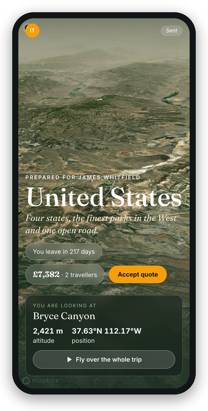 The itinovo CRM client portal on a phone, in the Nature layout: the trip seen from above in 3D, the price and the button to accept it