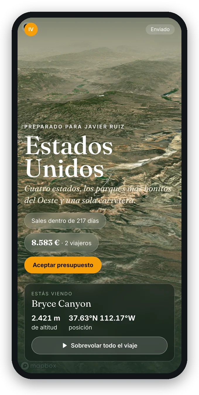 El portal del cliente de itinovo CRM en el móvil, con el diseño Naturaleza: el viaje sobrevolado en 3D, el precio y el botón para aceptarlo
