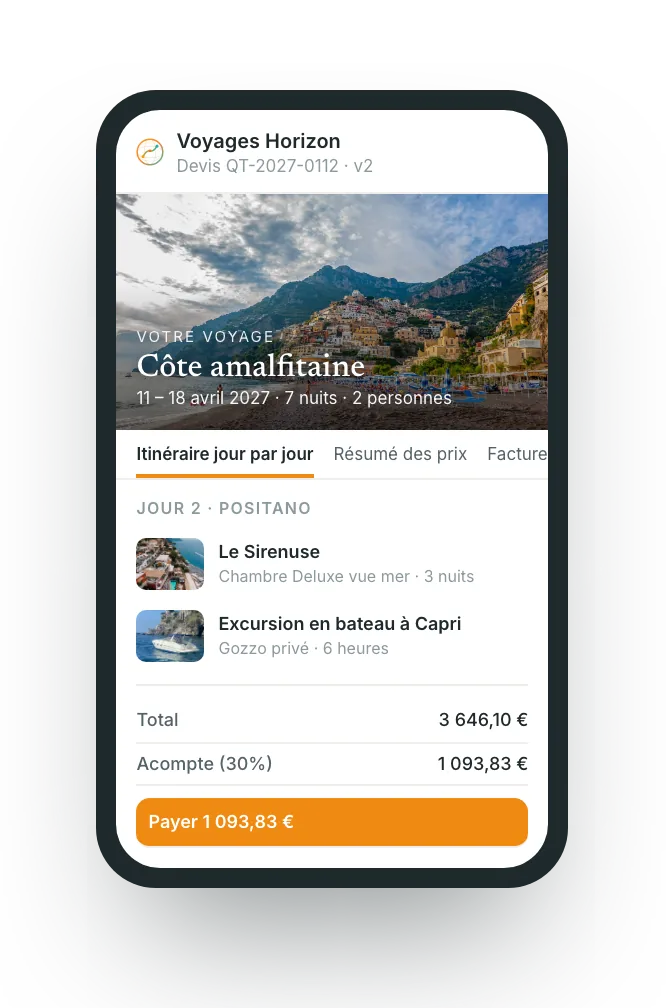 Le portail client d'itinovo CRM sur un téléphone : itinéraire du voyage, acompte et bouton de paiement