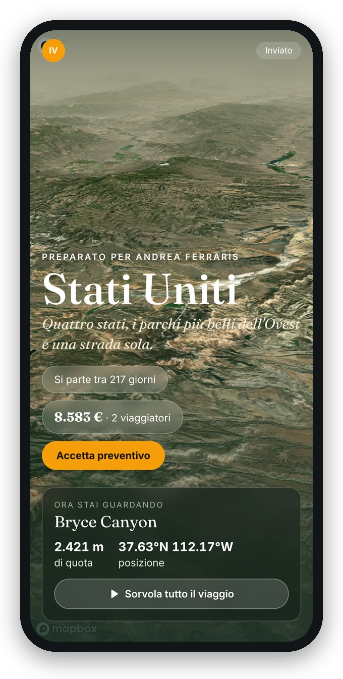 Il portale cliente di itinovo CRM sul telefono, nel layout Natura: il viaggio sorvolato in 3D, il prezzo e il pulsante per accettarlo