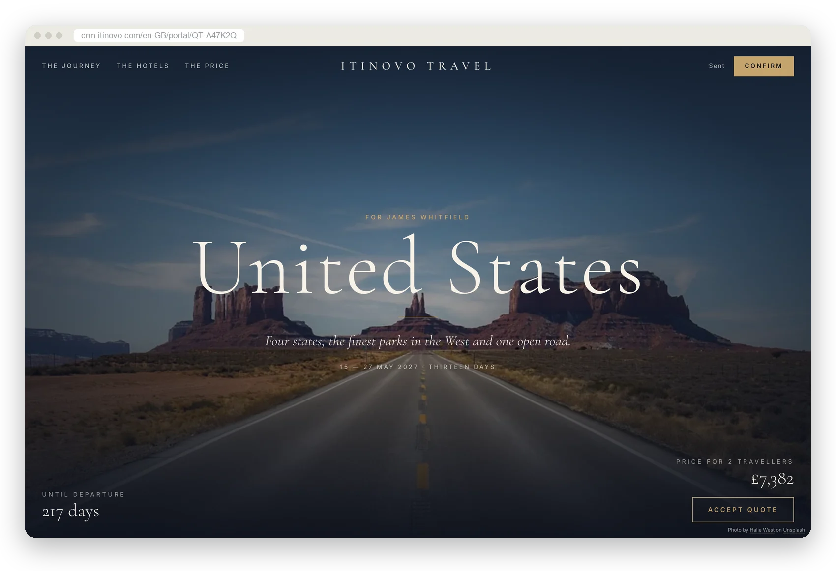 The itinovo CRM client portal in the Luxury layout