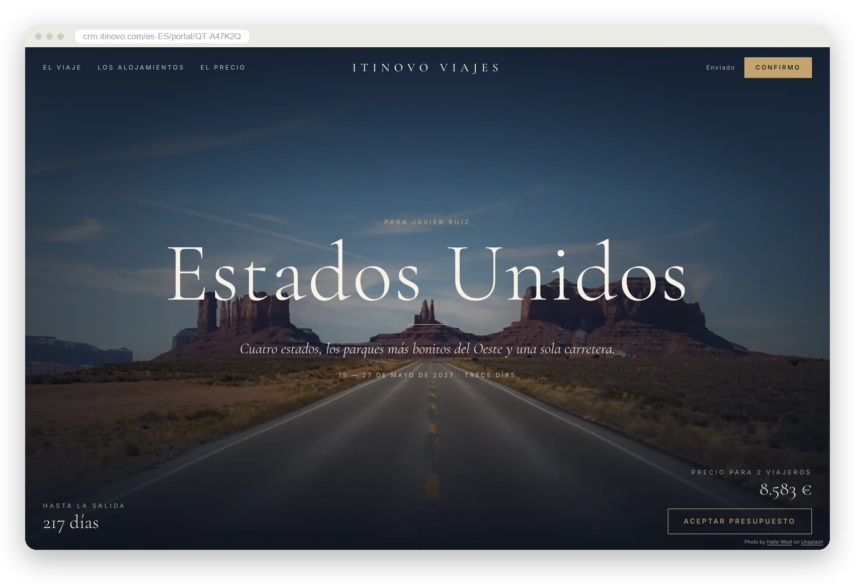 El portal del cliente de itinovo CRM con el diseño Lujo