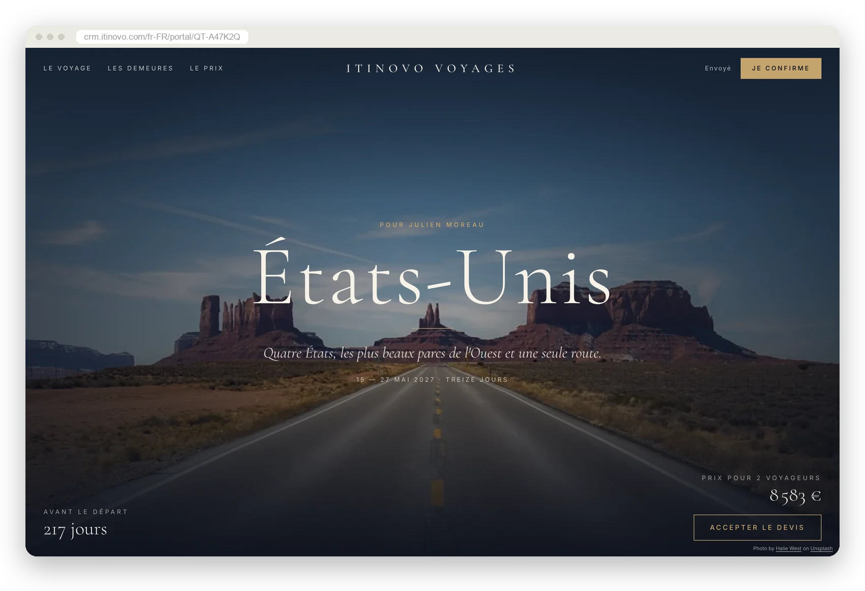 Le portail client d'itinovo CRM, mise en page Luxe