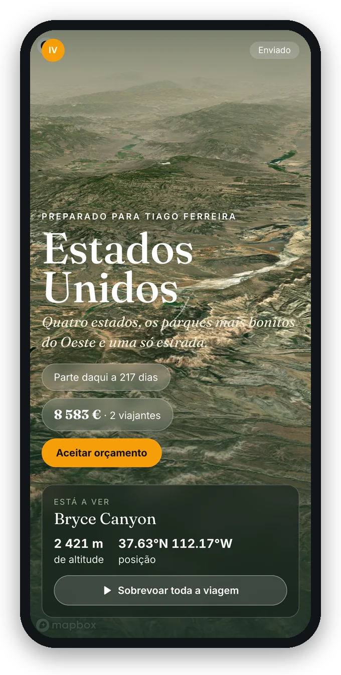 O portal do cliente do itinovo CRM no telemóvel, no esquema Natureza: a viagem sobrevoada em 3D, o preço e o botão para a aceitar