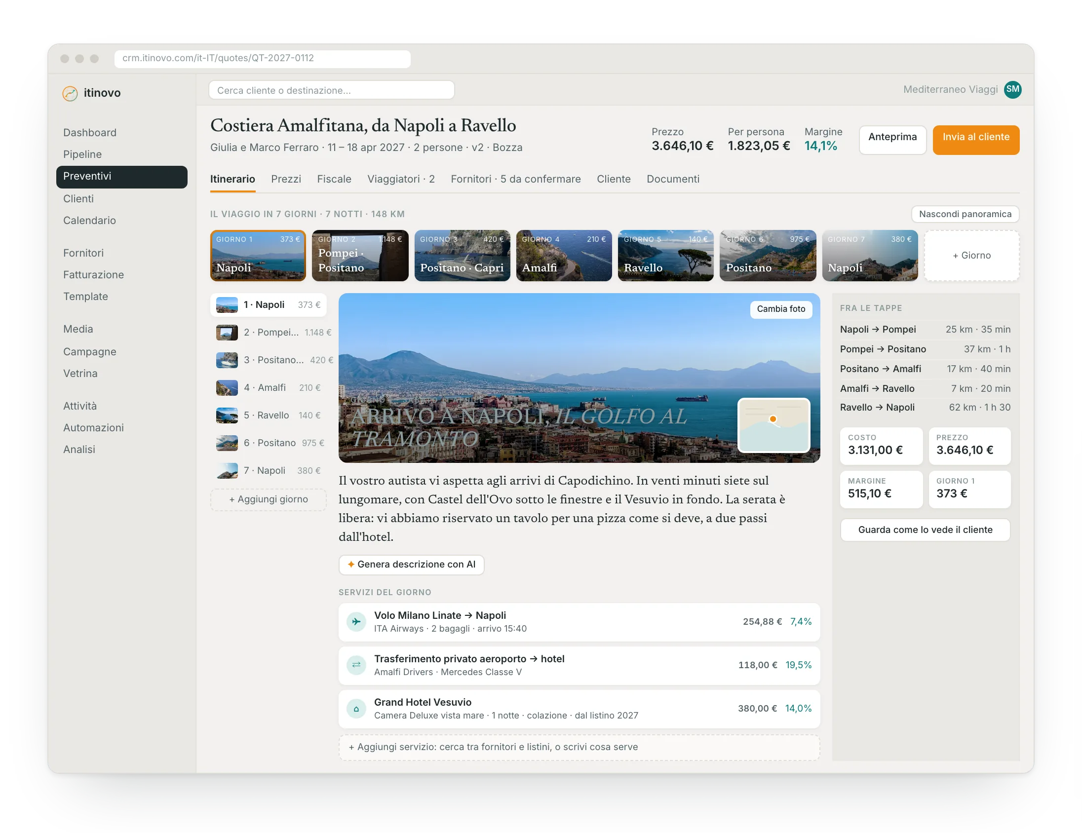 Il costruttore itinerario di itinovo CRM: giorni con foto, racconto della giornata, servizi con fornitore e margine, distanze fra le tappe