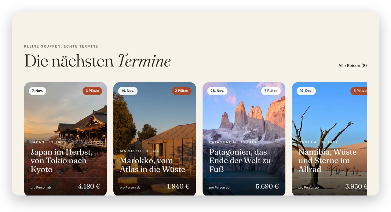 Die Termine auf der Website, mit den freien Plätzen