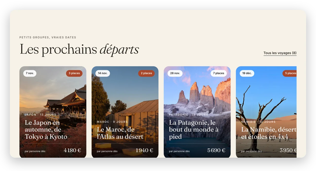 Les départs sur le site, avec les places restantes