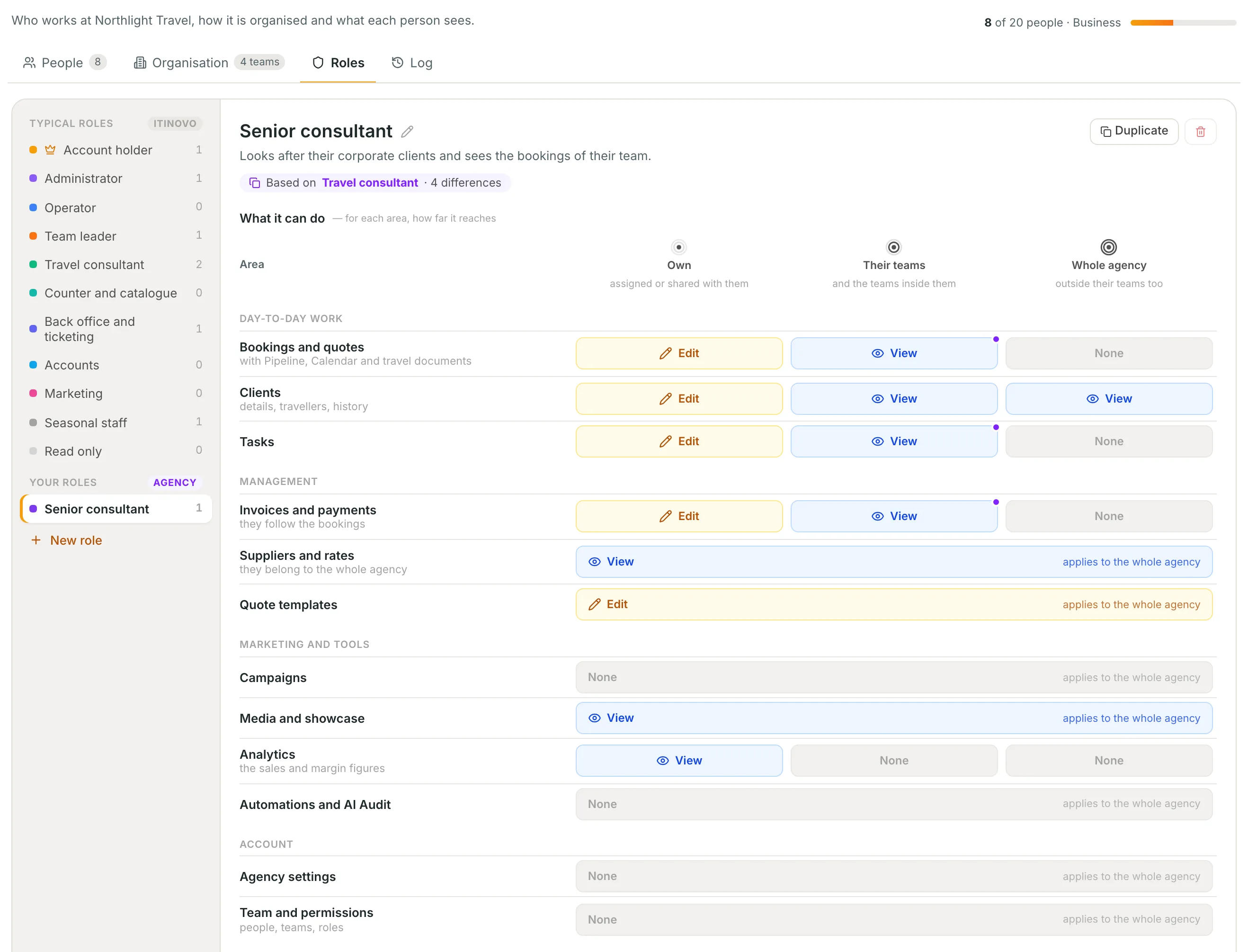 The role builder: for each area their own bookings, their teams' and the whole agency, with None, View or Edit